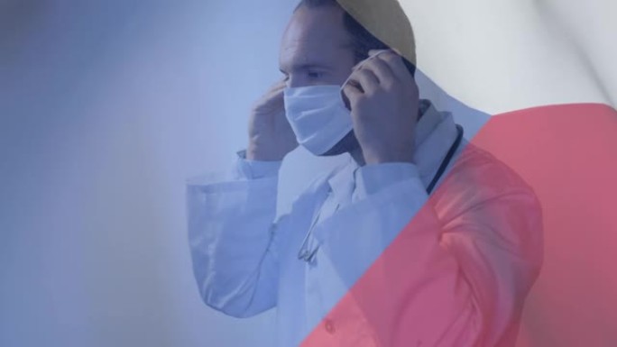 捷克共和国向戴口罩的男医生挥手