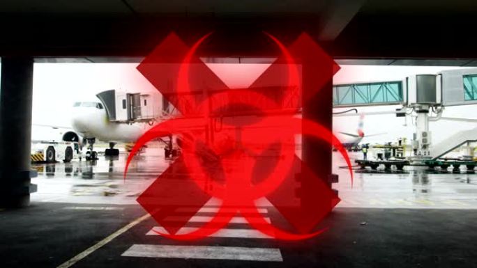 背景中针对机场失控的危险和红十字会标志