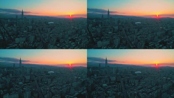 日出时远离台北市城市俯瞰现代化都市天际线