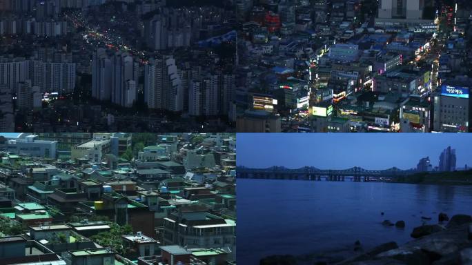 夜晚的河桥 夜晚的首尔天际线 夜间城市鸟瞰图