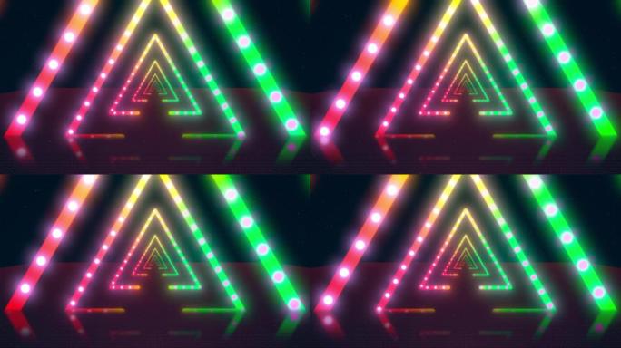 带荧光紫外光的抽象霓虹灯飞行三角隧道。不同颜色的彩虹。无缝环路4k