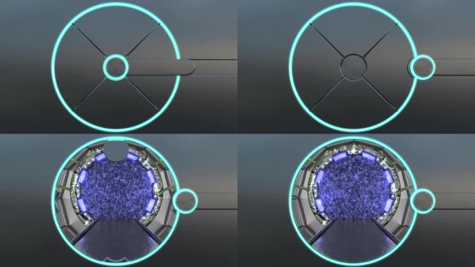 带有霓虹灯的金属舱口可打开飞船景观的全景。带门户的科幻走廊的3d抽象背景。未来技术抽象VJ为技术标题