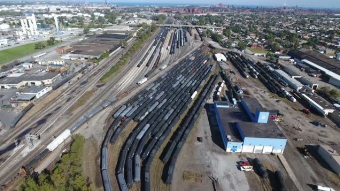 美国中西部工业火车场的空中4k镜头