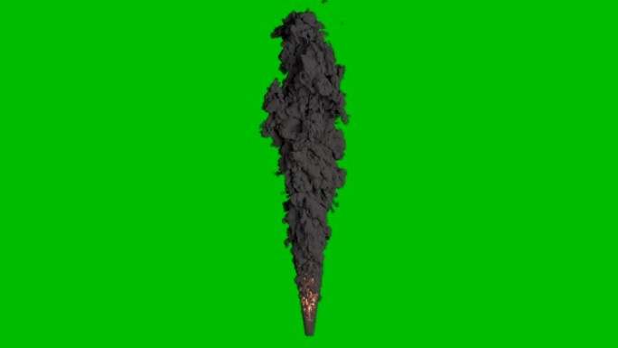 带有黑色卷曲烟雾的强大火把。火和烟，就像喷气式飞机或火箭发动机在燃烧燃料一样。绿屏前的VFX动画。