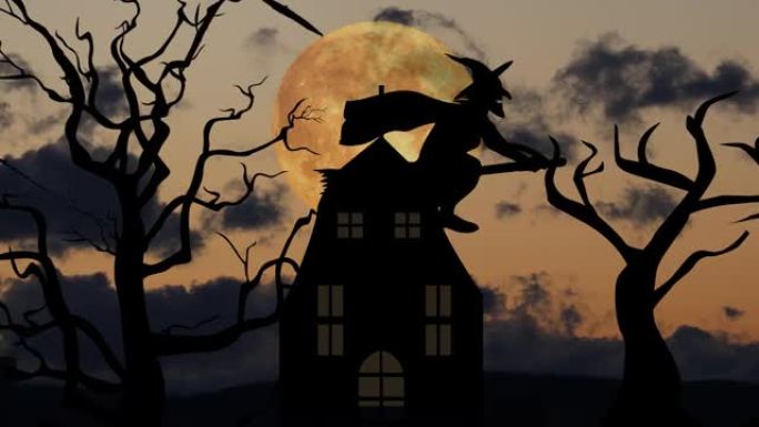万圣节恐怖场景背景与夜空和月亮，女巫飞翔