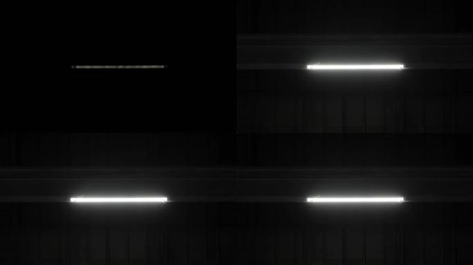 金属光束隔板上的发光二极管灯在没有窗户的工厂、机库、车间部门的黑暗房间闪烁并打开。工业制造区停电、电