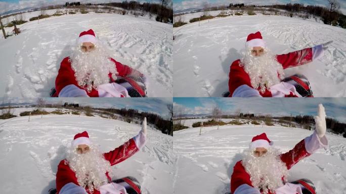 有趣的圣诞老人在雪地上滑行