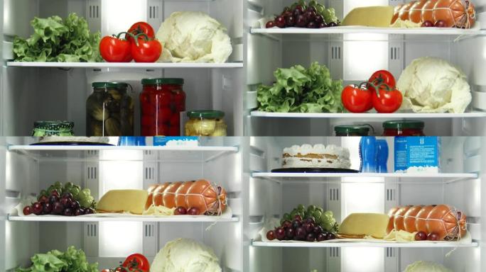 沿着装满美味食物的冰箱架子向上移动