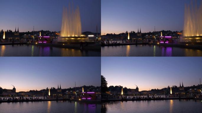 暮光之城卢塞恩市湖滨湾现代艺术博物馆广场喷泉全景4k瑞士