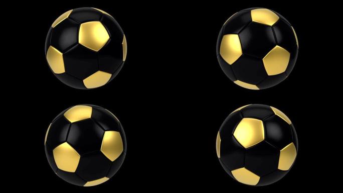 现实的黑色和金色足球孤立在黑色背景上。3d循环动画。