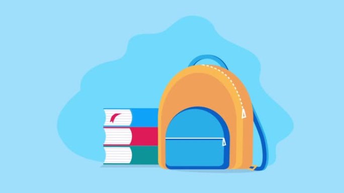 动画学校背包，书籍，苹果，铅笔学校用品用品在蓝色背景上移动。