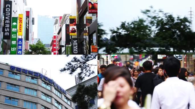 在城市街道上行驶的汽车 建筑物的图像，前面停着汽车 一群人走在繁忙的街道上