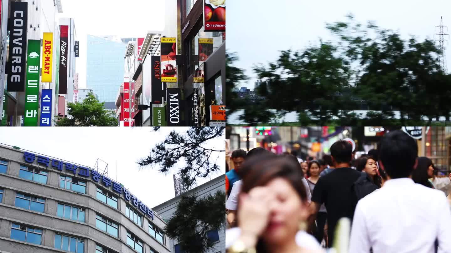 在城市街道上行驶的汽车 建筑物的图像，前面停着汽车 一群人走在繁忙的街道上