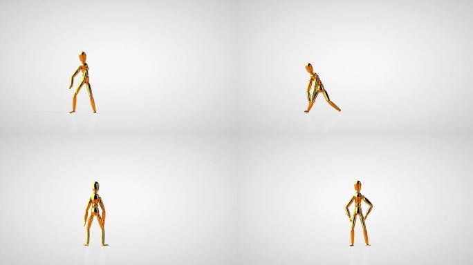 有趣的金色人体模型机器人风格舞蹈，无缝循环，白色工作室
