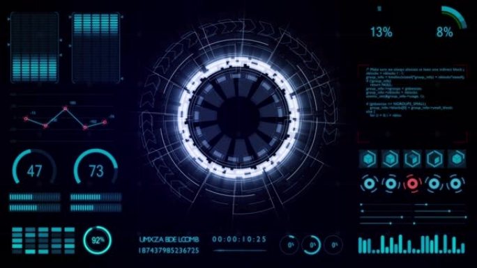 带有蓝色圆圈旋转和HUD图形报告百分比的仪表板数据报告的运动图形，未来概念