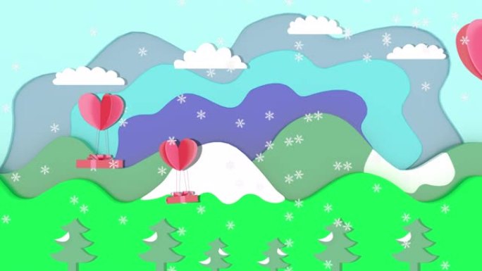 圣诞动画有雪，一个带有漂浮心的礼品盒。背景是树木，山脉和天空的图形。
