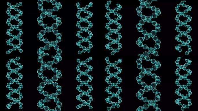 带有蓝色细线的分子3d线框。黑色背景上的纳米生物学未来全息图。循环动画