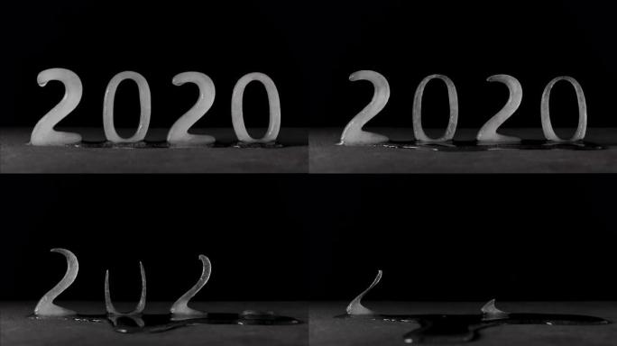 用冰字符融化书写的时间流逝2020年文本。十年开始和全球变暖问题的概念视频。