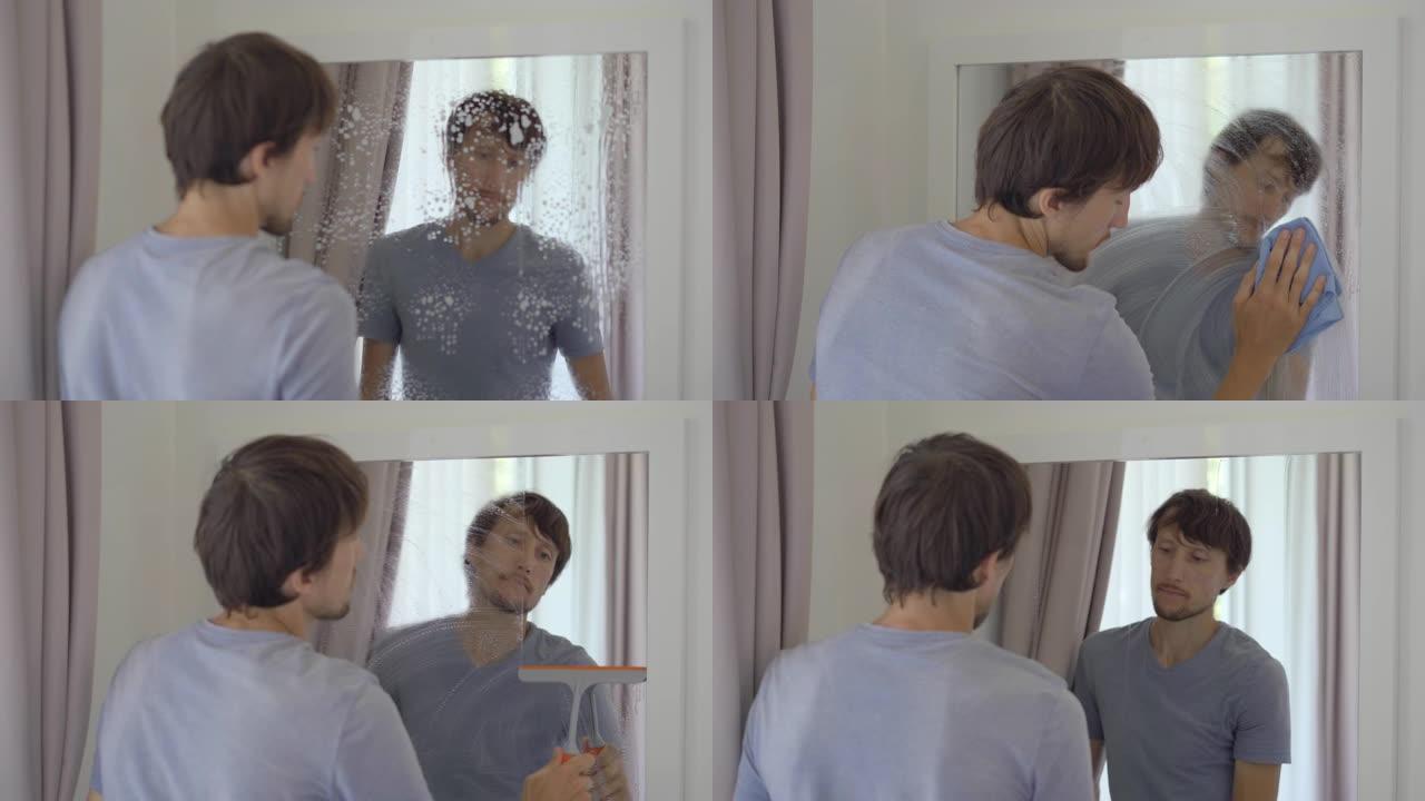 一个年轻人用玻璃清洗液洗镜子。清洁服务理念。性别平等概念