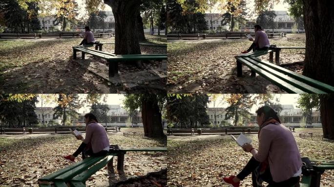 年轻女子坐在秋天公园的长凳上。Steadicam射击