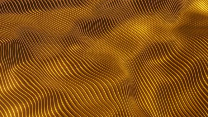 金色3d波浪背景，运动中的抽象奢华金色条纹，动画4k循环