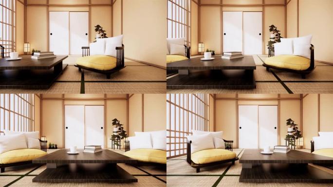 室内与货架墙设计在房间热带风格的最小设计。3d渲染