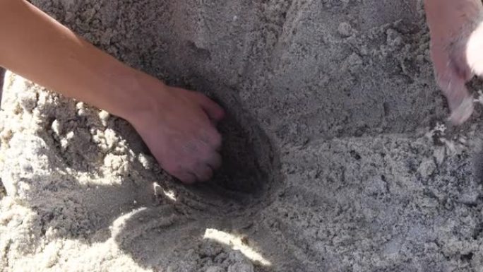 夏季晴天，青少年手在海滩上挖湿沙