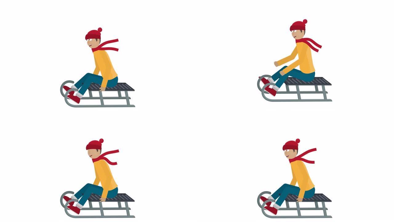 雪橇上的孩子。一个人骑雪橇的动画。卡通