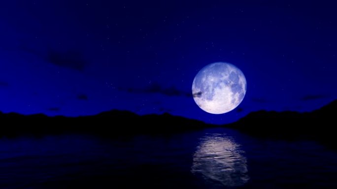 满月反射水面对着星空和棕榈树，相机飞行，高清