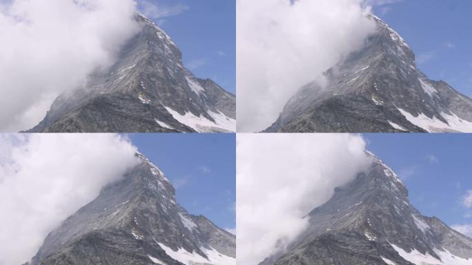 策马特 (Zermatt) 的马特宏峰 (Matterhorn) 的时光倒流，瑞士山顶上有快速移动的