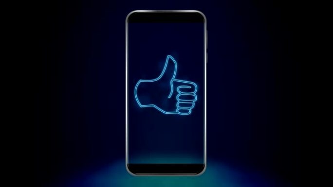 蓝色霓虹灯风格的动画，如黑色背景上智能手机屏幕上的图标闪烁