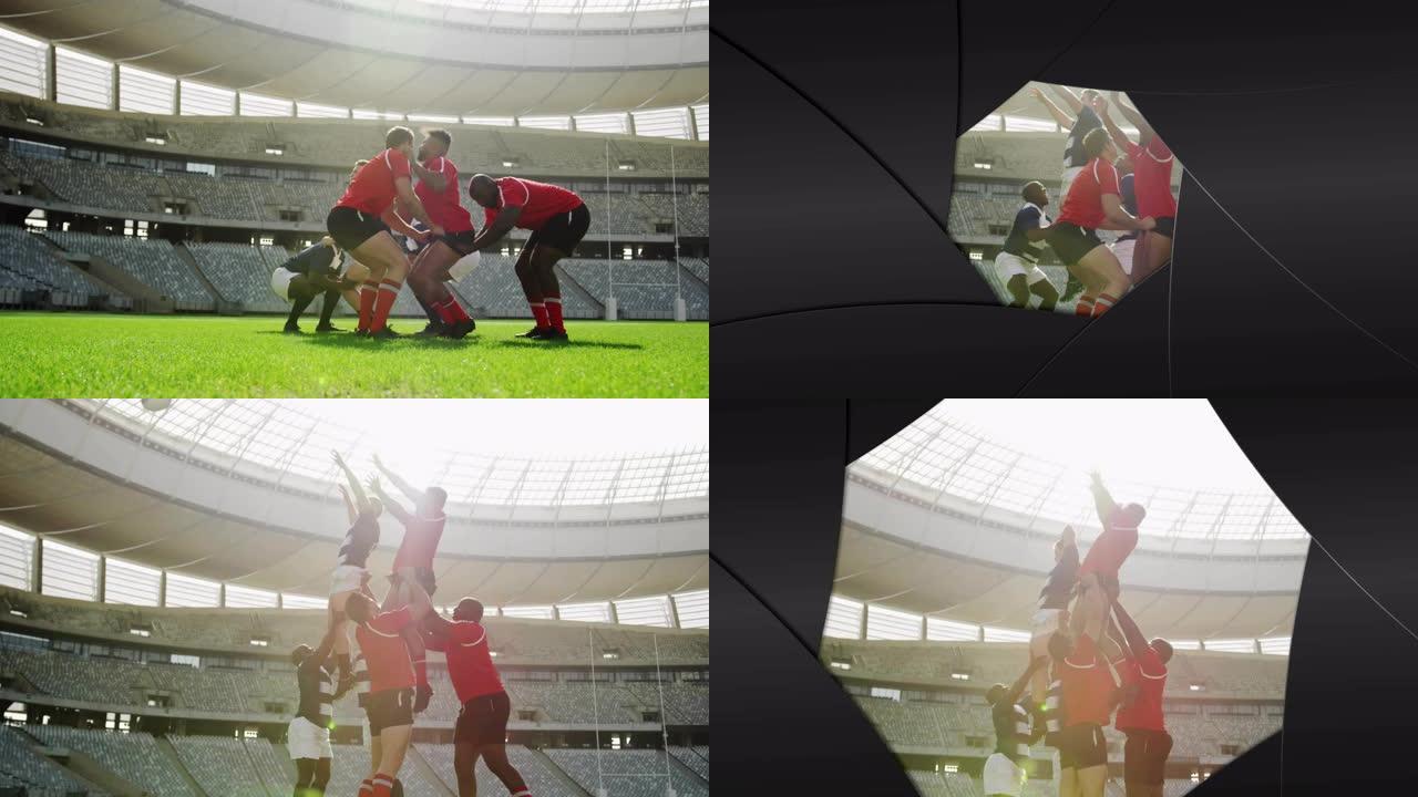 相机动画在两个多民族橄榄球队打橄榄球时拍照
