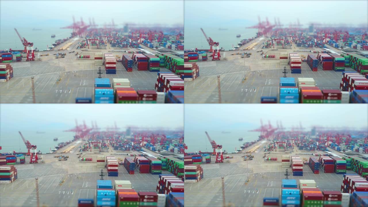 白天深圳著名集装箱港口航空全景4k倾斜移位中国