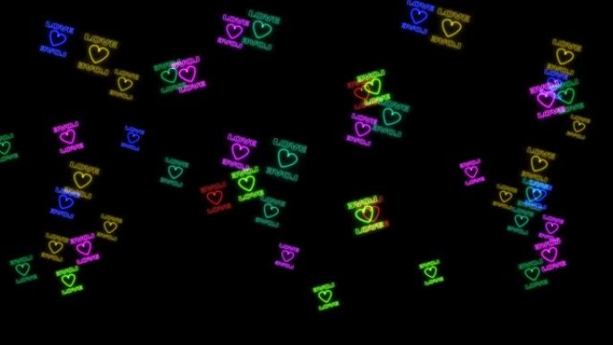 彩虹七彩爱情文字和形状的心在黑屏上飞舞所有框架