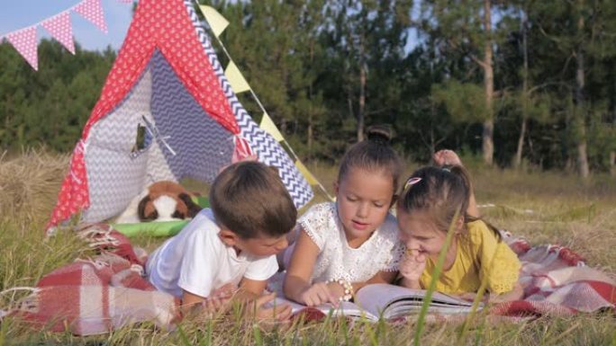 孩子们在大自然中休息，可爱的小朋友们喜欢在森林里休息，在暑假期间躺在野餐覆盖物上阅读有趣的书