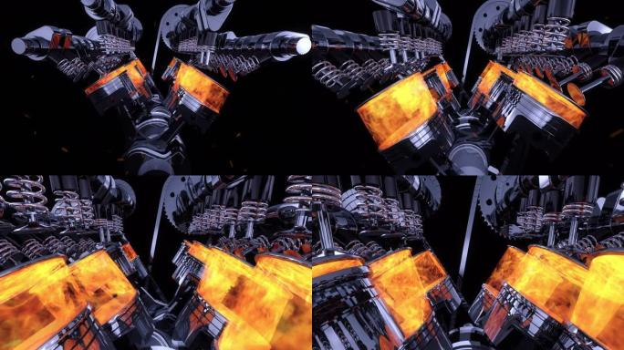 工作中的V8引擎的3D动画。强大的跑车。