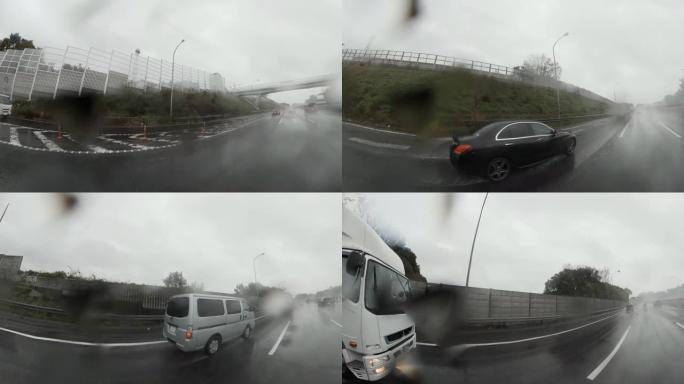 雨天开车。超越卡车。大雨中的交通，高速公路上的交通。镜头上的雨滴