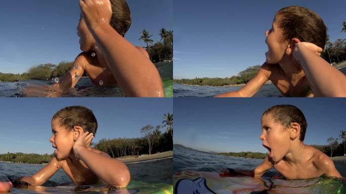 男孩/儿童游泳-跳跃波浪身体板/在海滩、海上、冲浪