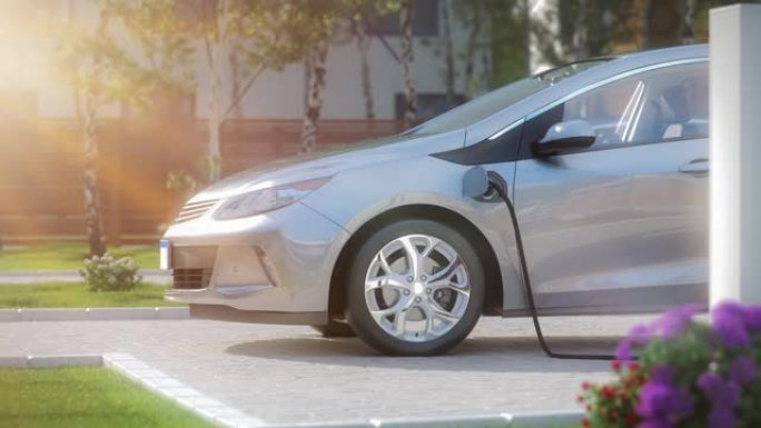 未来的电动汽车在家中使用智能电动汽车充电站低透视3d渲染