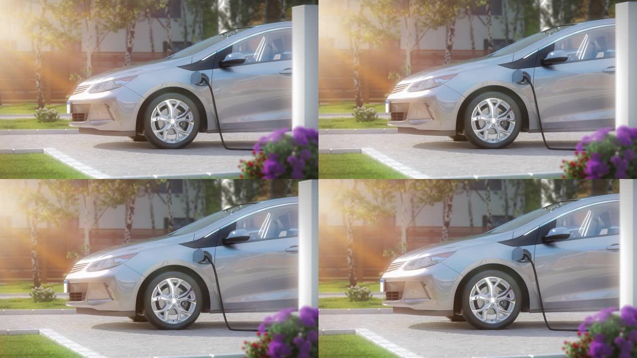 未来的电动汽车在家中使用智能电动汽车充电站低透视3d渲染