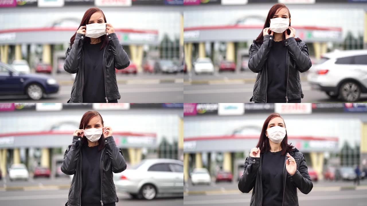 在城市的街道上，年轻女子在脸上戴上医用口罩。女性在行走中保护自己免受疾病侵害的特写镜头。冠状病毒流行
