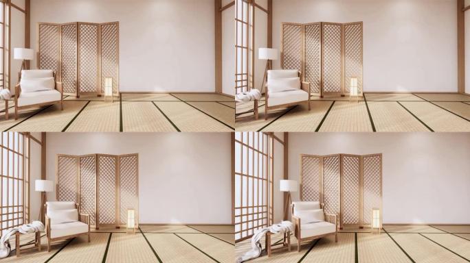 木制扶手椅和隔断日本室内热带室内，榻榻米垫地板和白色墙壁。3d渲染