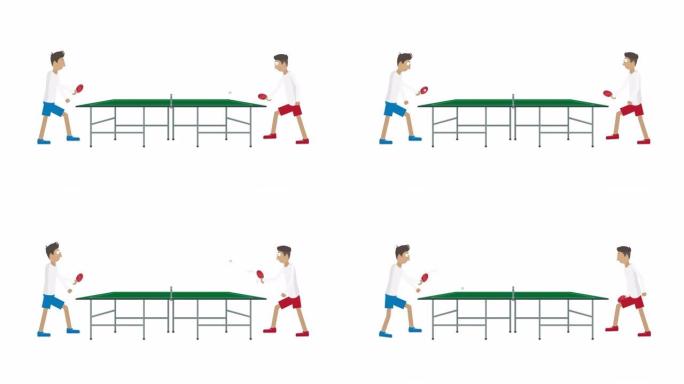 乒乓球。两名球员打乒乓球的动画。卡通