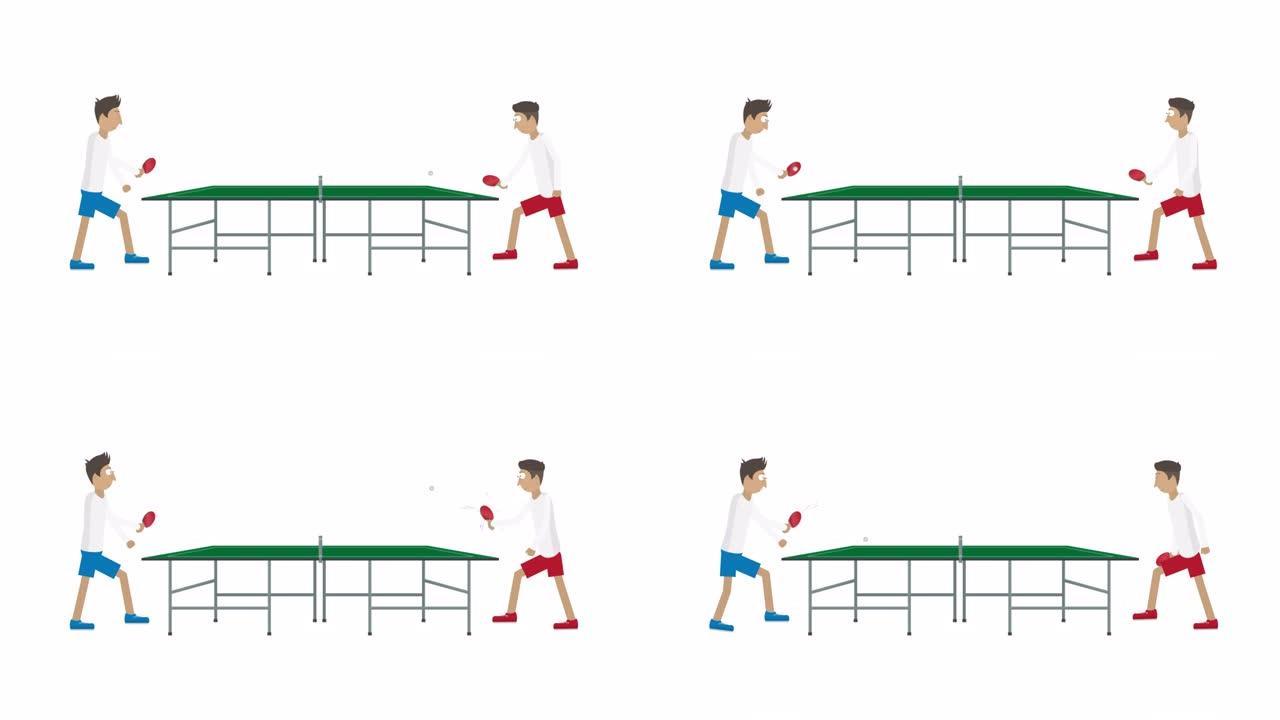 乒乓球。两名球员打乒乓球的动画。卡通