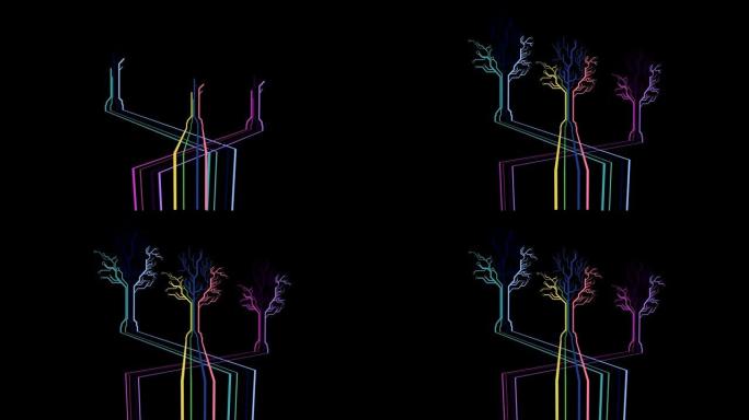黑色背景上彩色霓虹灯制成的三棵树动画。