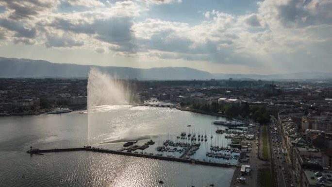 晴天日内瓦湖著名喷泉城市景观空中全景4k延时瑞士