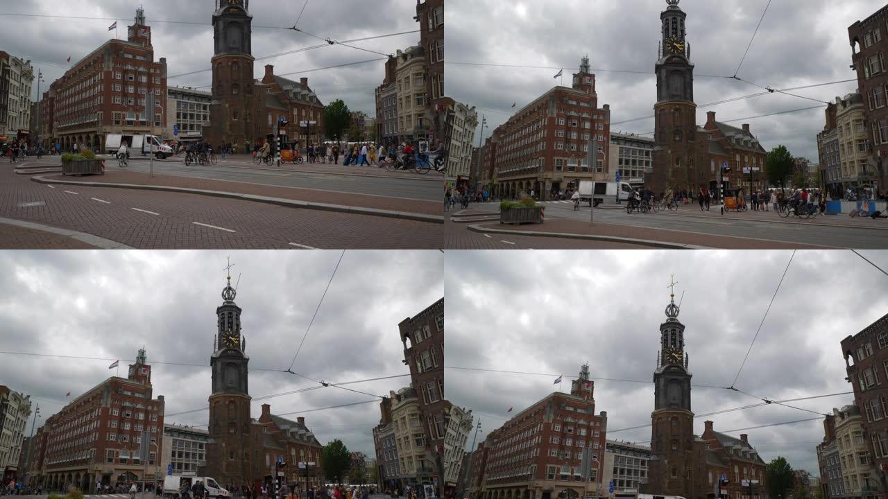 阿姆斯特丹市中心日间著名交通街广场慢动作全景4k荷兰