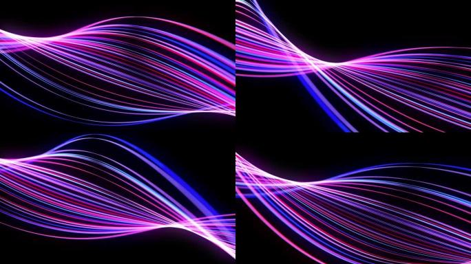 4k中的光流bg。抽象的环形背景有光迹，空间中的红色蓝色霓虹灯线流移动形成环形螺旋形状。现代时尚的运