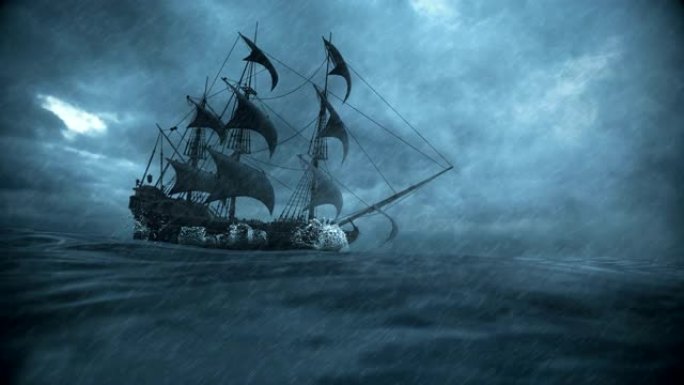 船在暴风雨中与雨水和闪电一起在海洋中航行