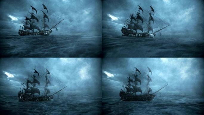船在暴风雨中与雨水和闪电一起在海洋中航行